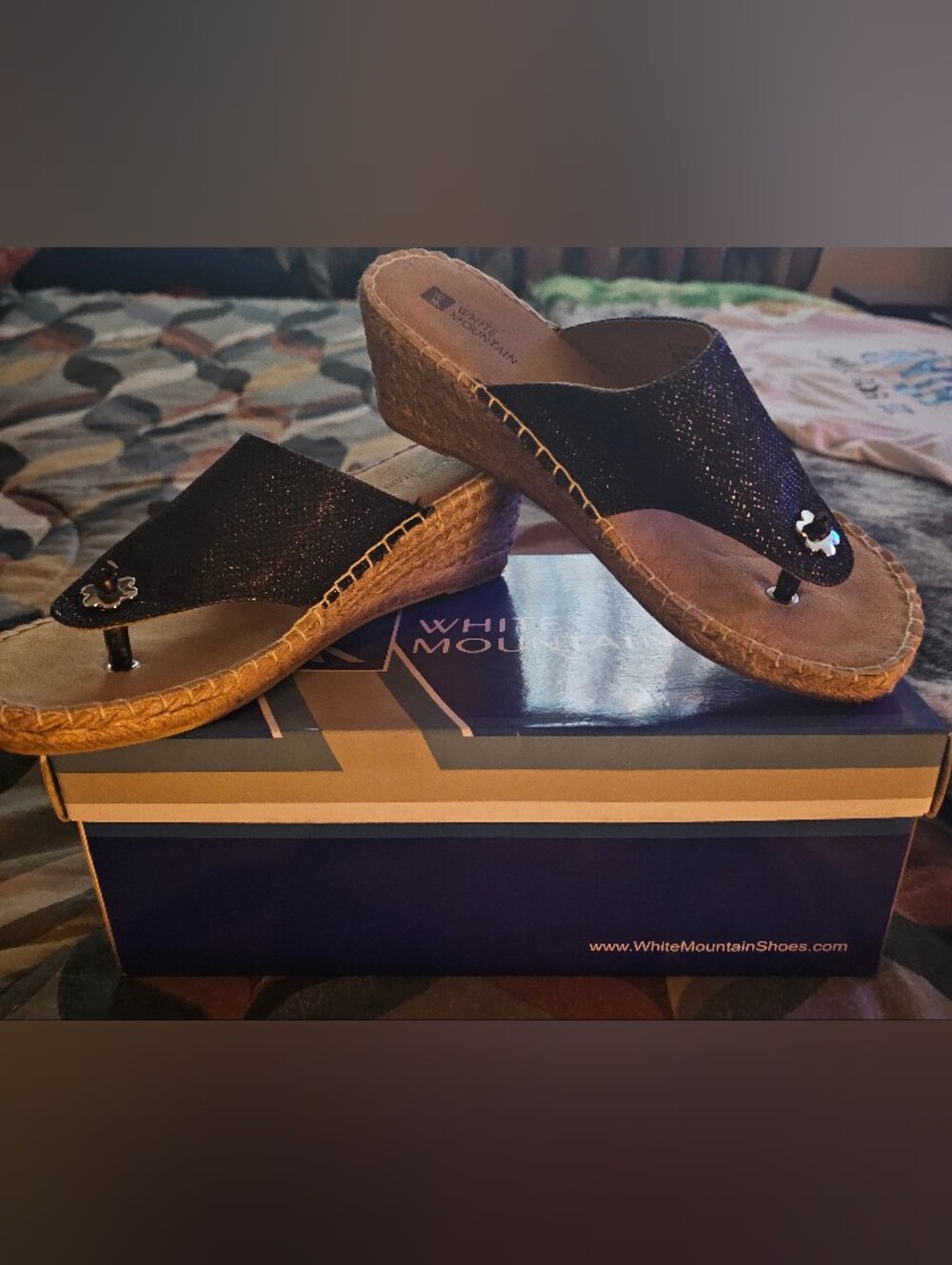 White Mountain Black Glitter Espadrille Wedge Mules